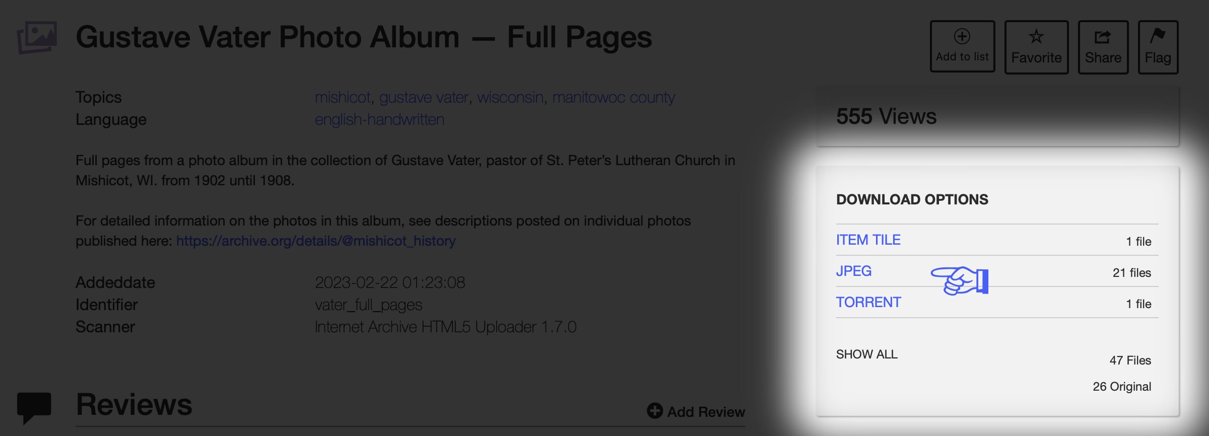 A screenshot of archive.org that instructors visitors how to print quality images. A arrow hand is pointing to the word "JPEG" in a menu named "Download Options."