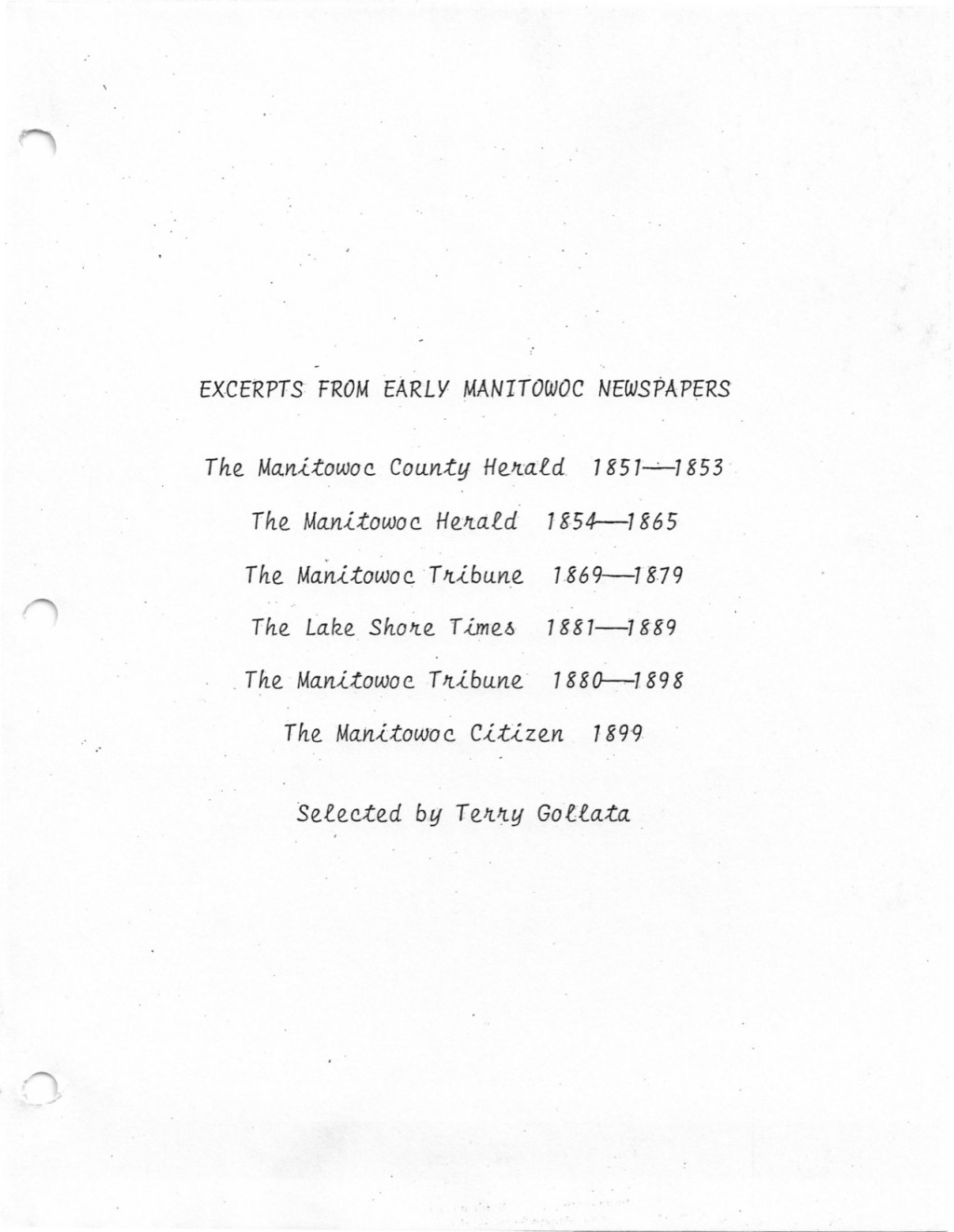 Excerpts From Early Manitowoc Newspapers — Terry Gollata&nbsp;Collection