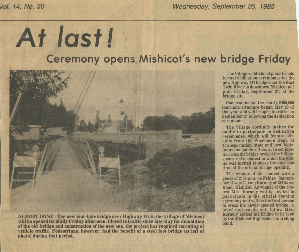 Mishicot Main Street Bridge Construction Articles —&nbsp;1985