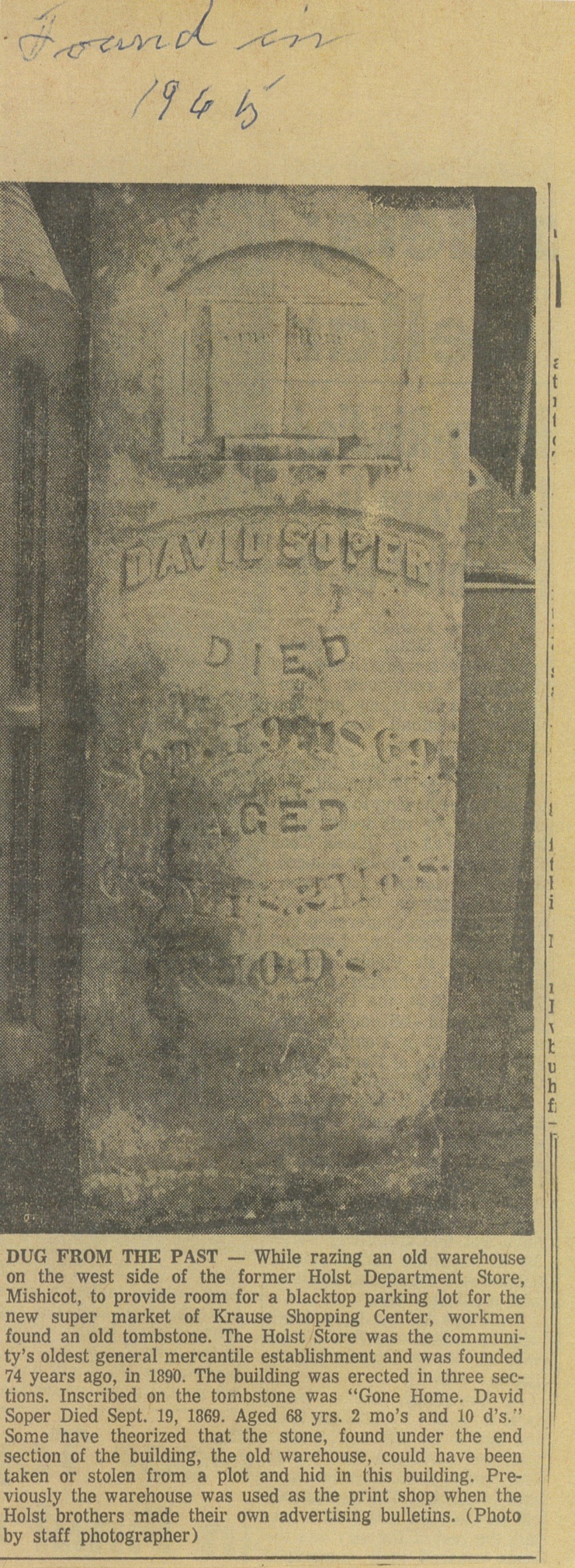David Soper Gravestone Article — Mishicot,&nbsp;Wisconsin