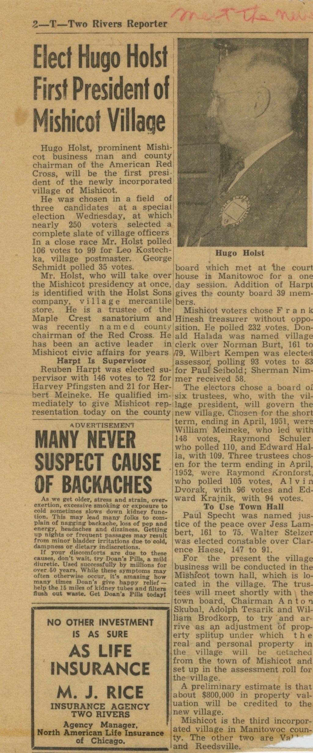 Elect Hugo Holst First President of Mishicot Village&nbsp;Article