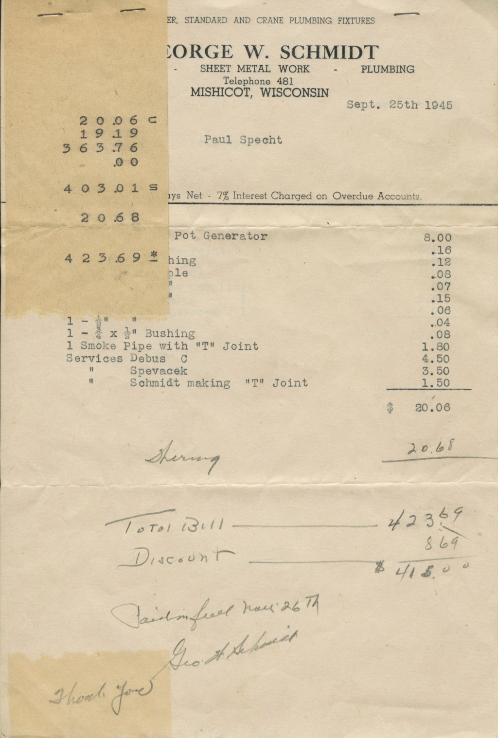 George W. Schmidt Sheet Metal Work&nbsp;Invoice