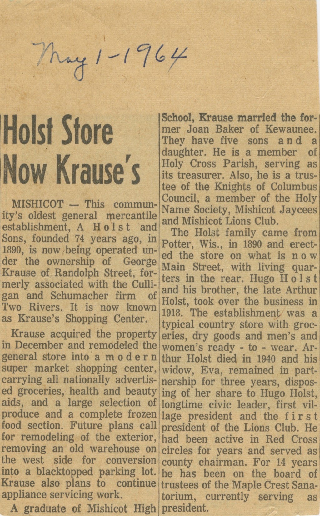 Holst Store Now Krause’s Article —&nbsp;1964