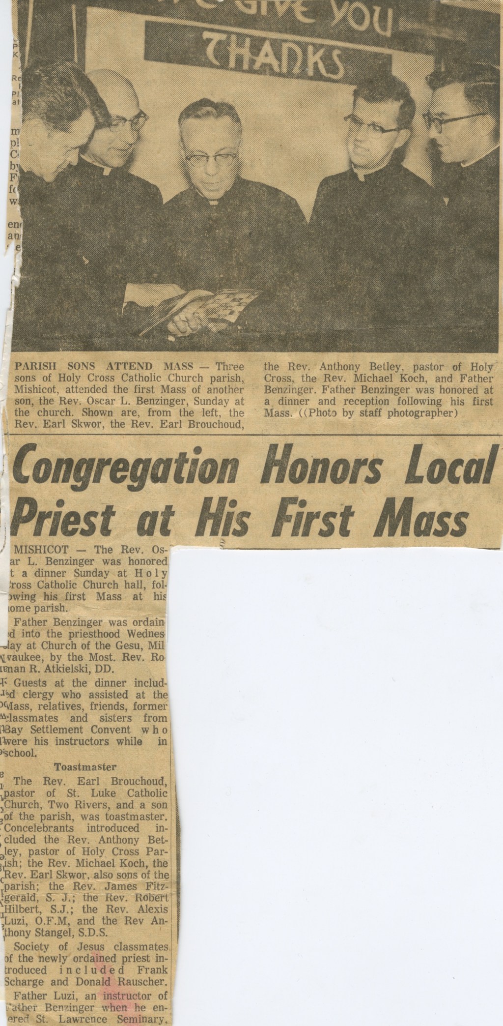 Rev. Oscar L. Benzinger Article — Holy Cross Catholic&nbsp;Church