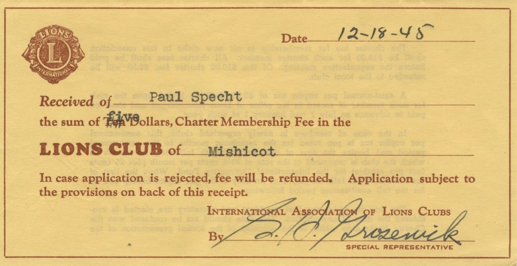 Mishicot Lions Club Charter Membership Fee