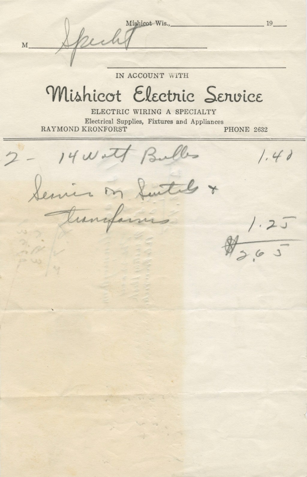 Mishicot Electric Service&nbsp;Invoice