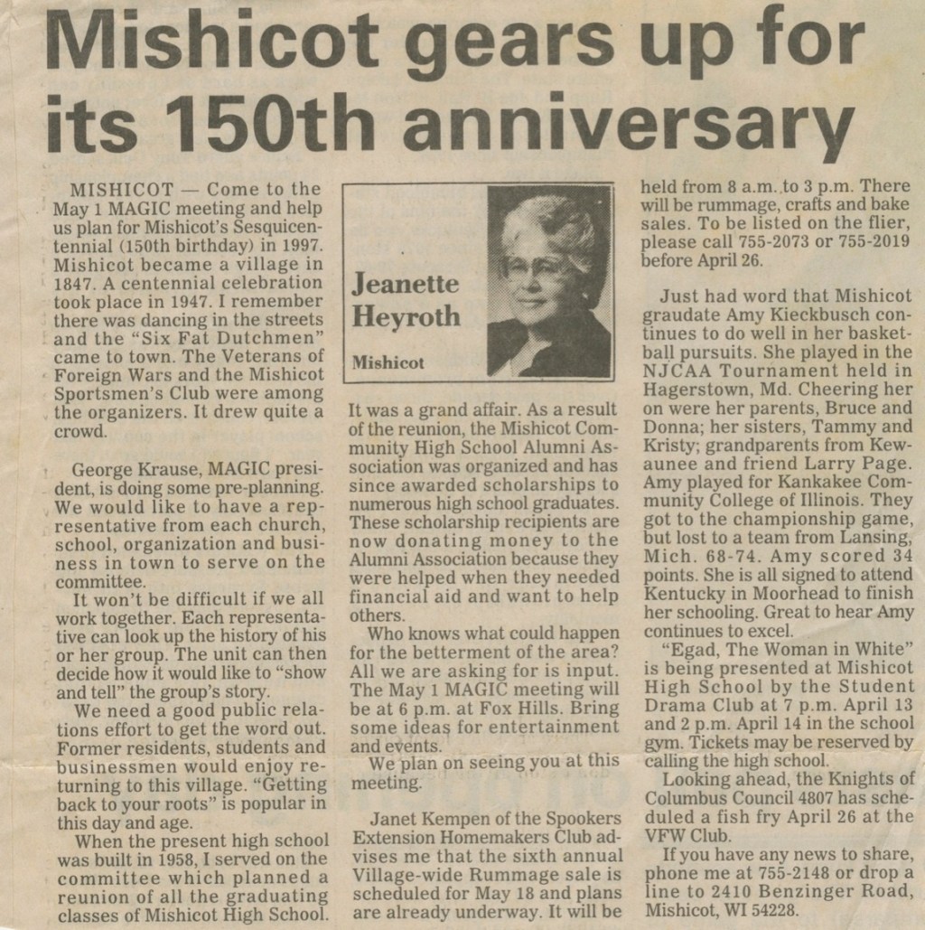 Mishicot Sesquicentennial Articles —&nbsp;1997