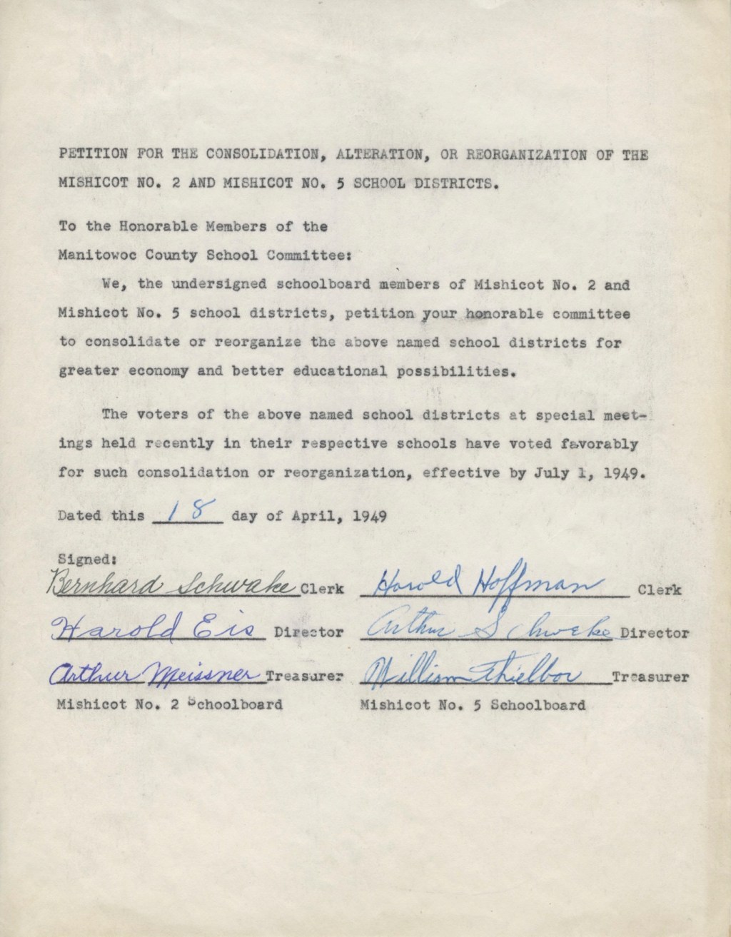 Petition For The Consolidation, Alteration, Or Reorganization Of The Mishicot No. 2 And Mishicot No. 5 School&nbsp;Districts