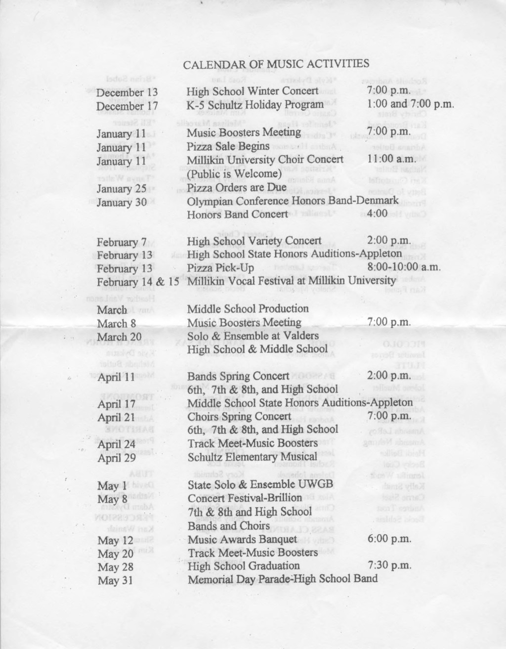 Mishicot School District Calendar Of Music Activities