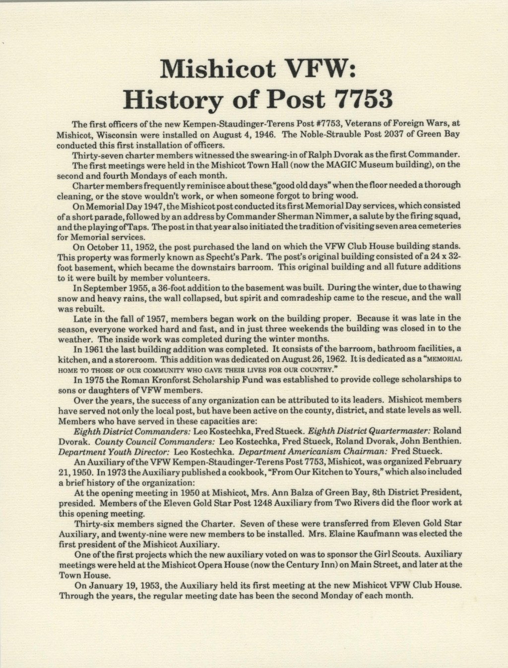 History Of Mishicot VFW Post&nbsp;7753