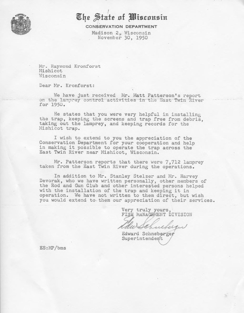 November 30, 1950 Lamprey Control Letter — Mishicot Sportsman’s Club