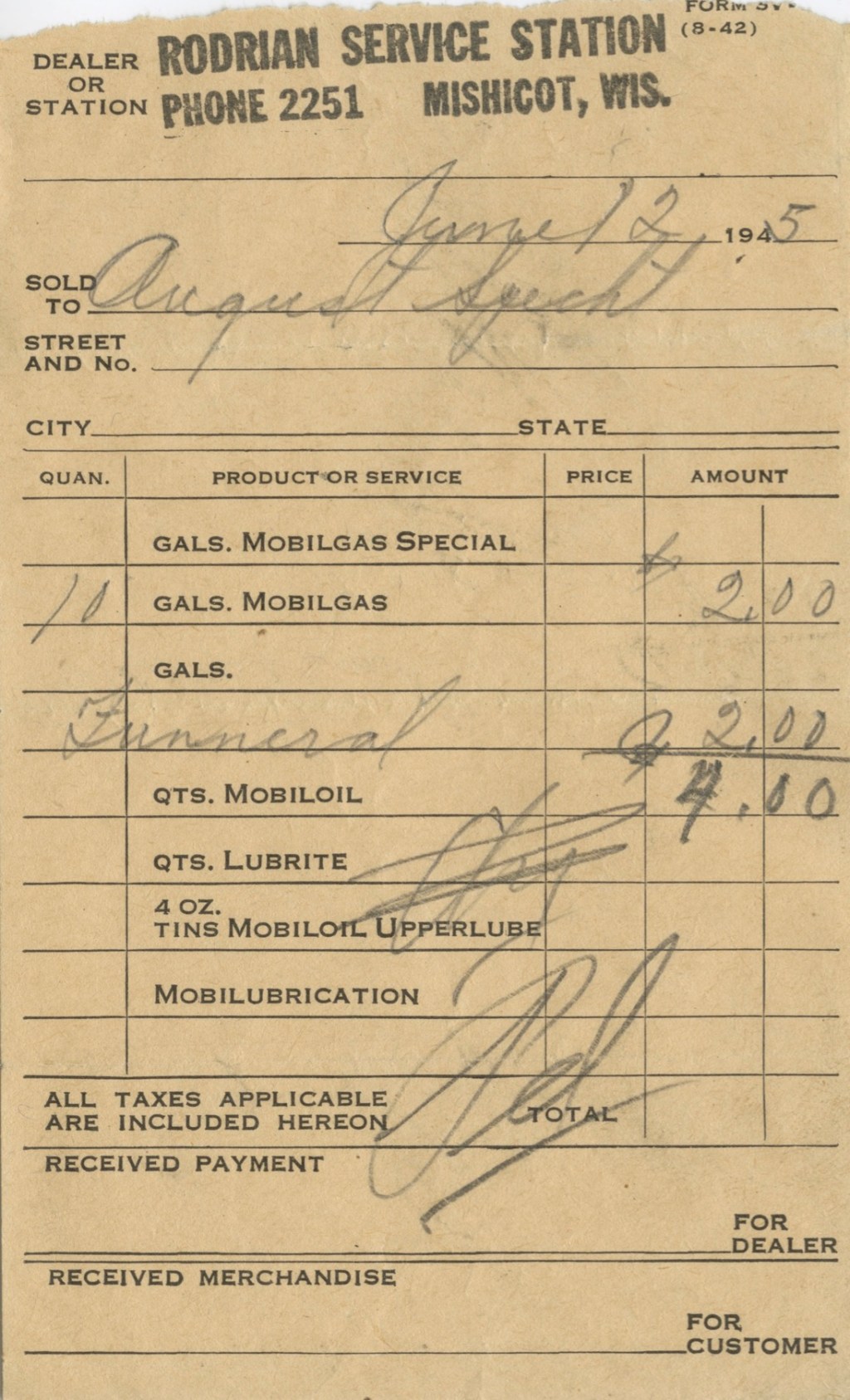 Rodrian Service Station Invoice —&nbsp;1945