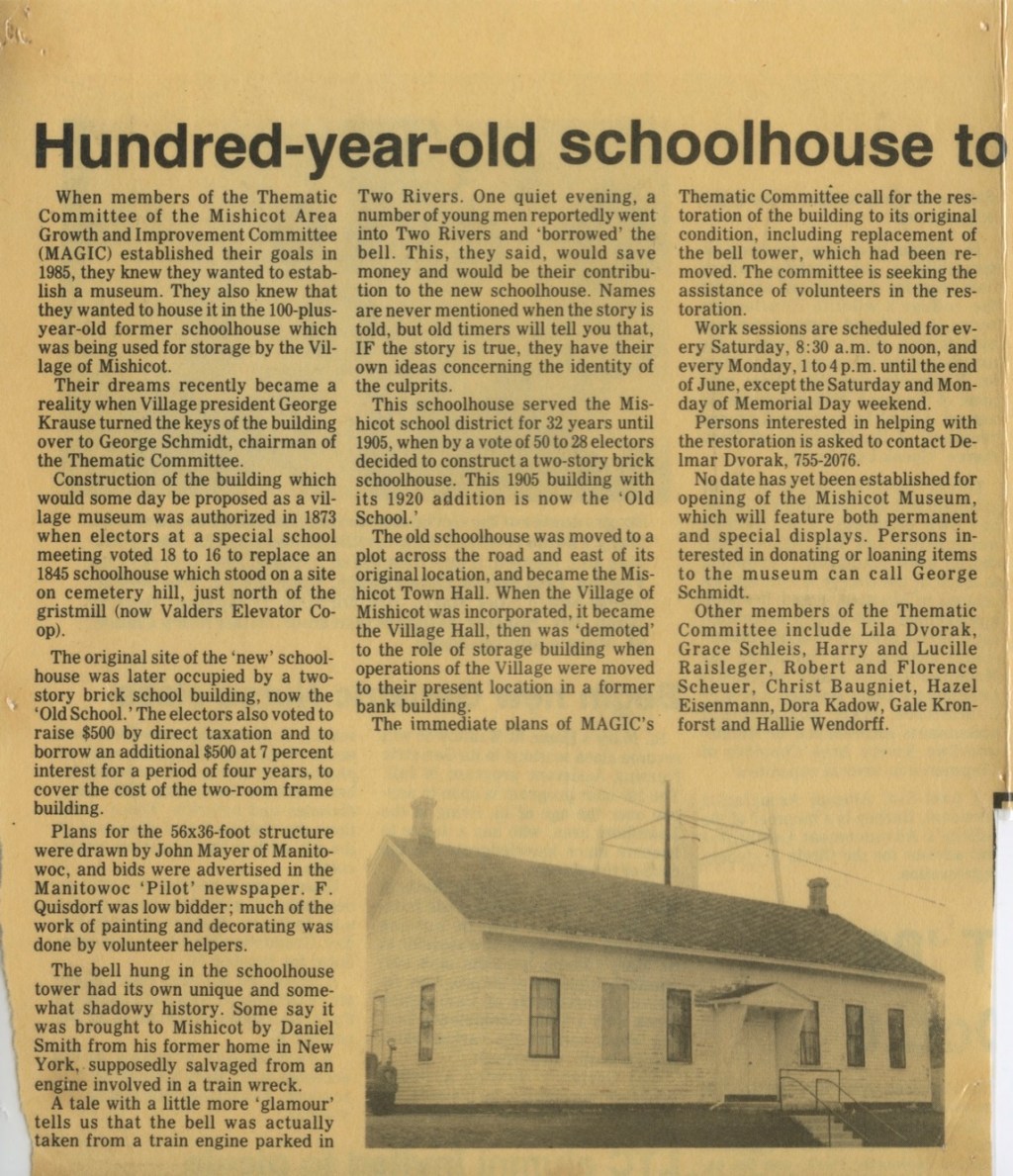 Hundred-Year-Old Schoolhouse To Become Mishicot Museum Article — 1988