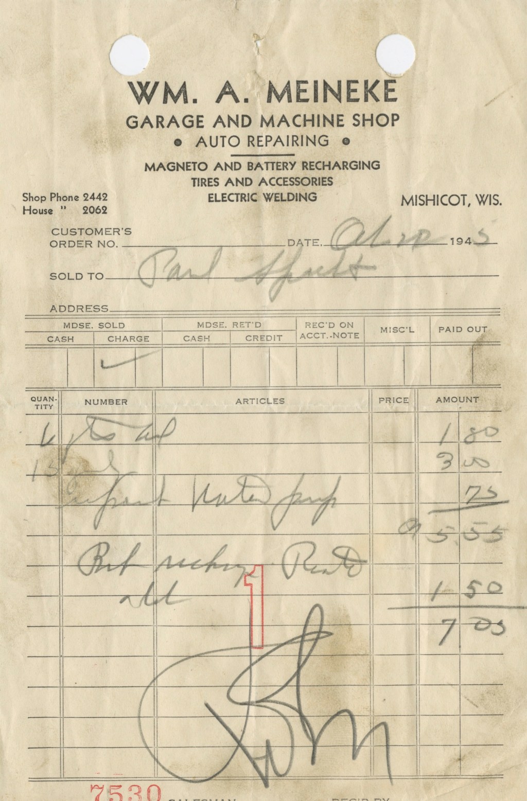 William A. Meineke Garage Invoice