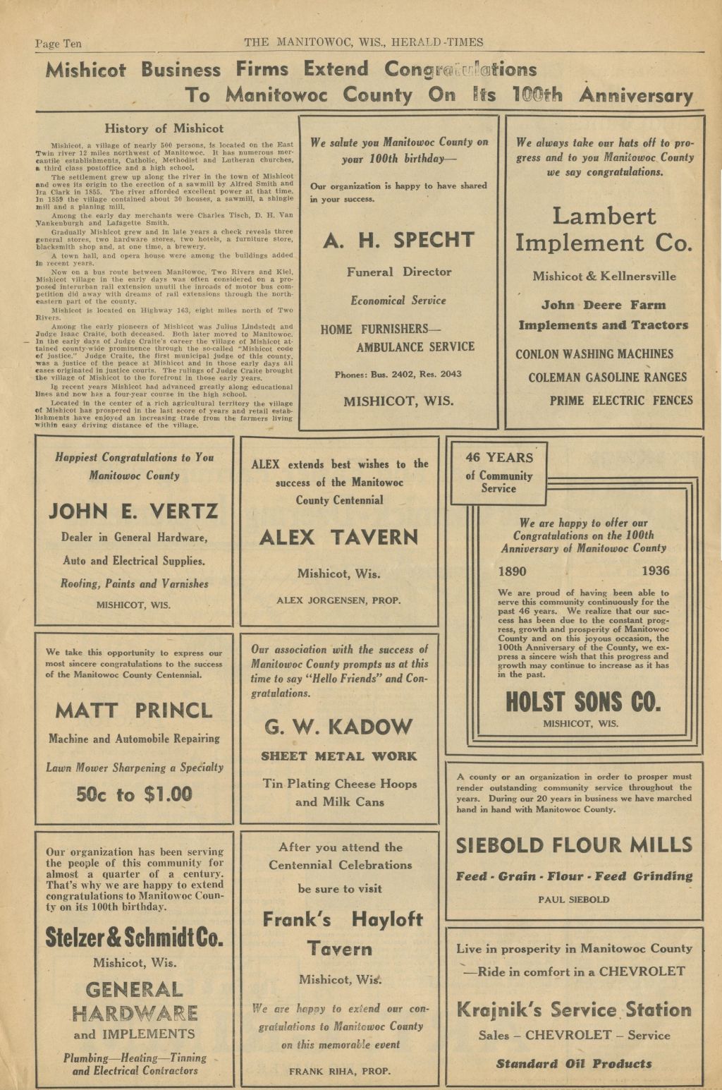 Mishicot Business Firms Extend Congratulations To Manitowoc County On Its 100th Anniversary —&nbsp;1936