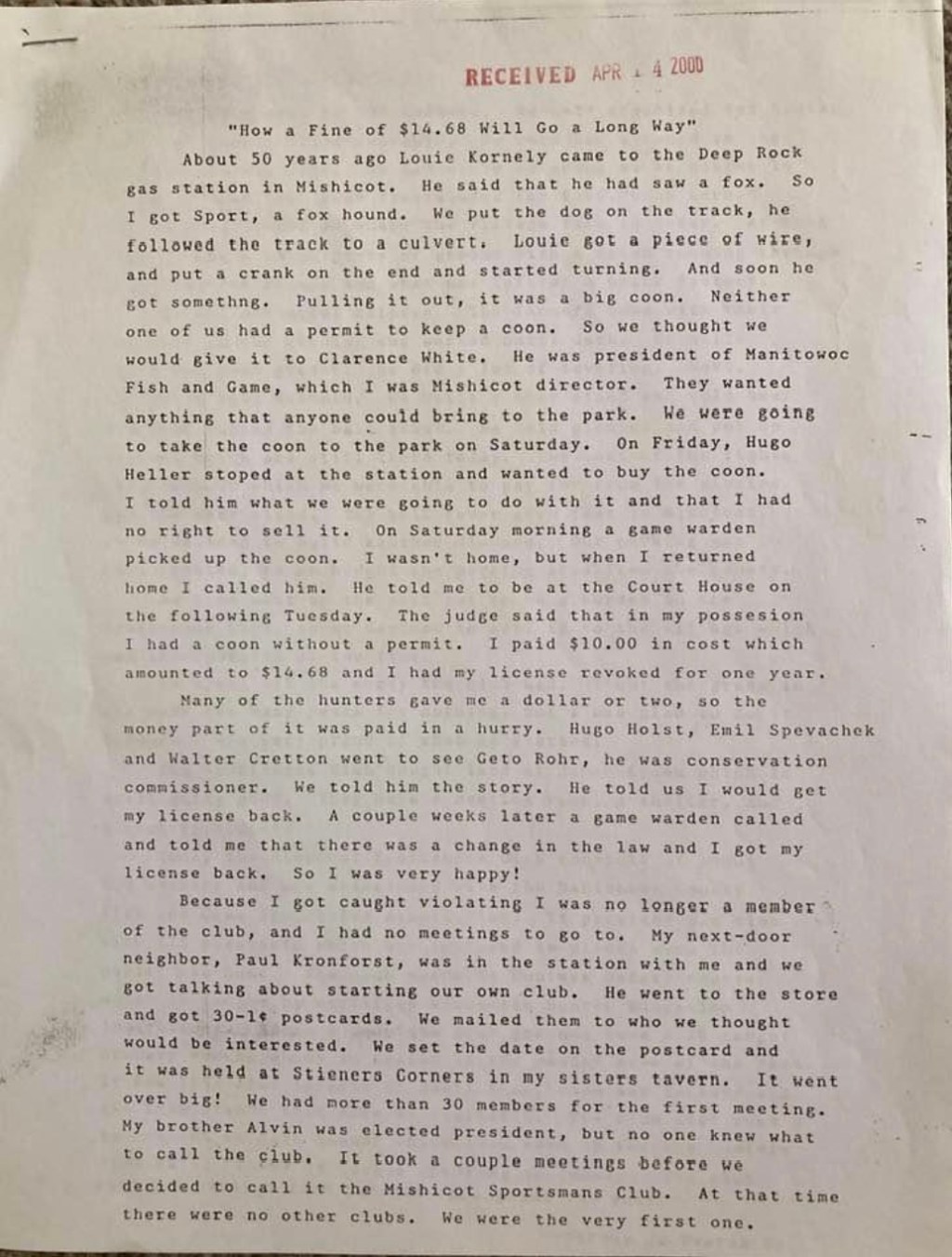 History Of The Mishicot Sportsman’s Club — Harvey J. Dvorak&nbsp;Sr.